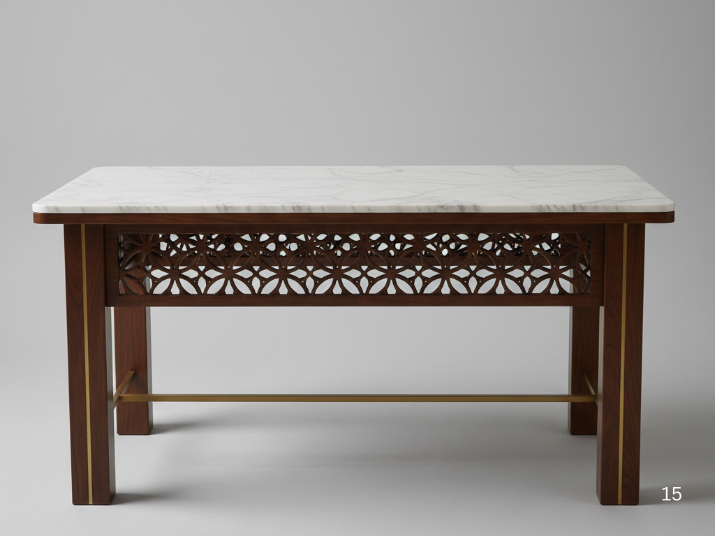 Geometric laser-cut woodwork and brass dining table
