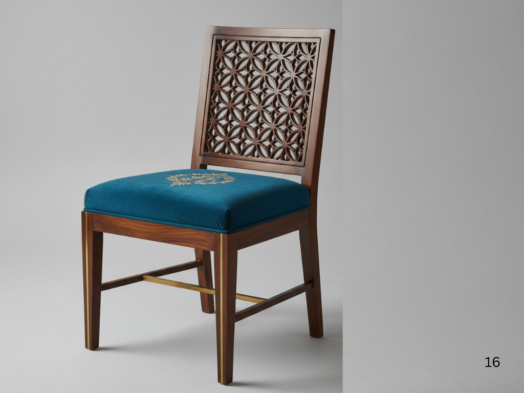Custom dining chair with intricate circular wood back