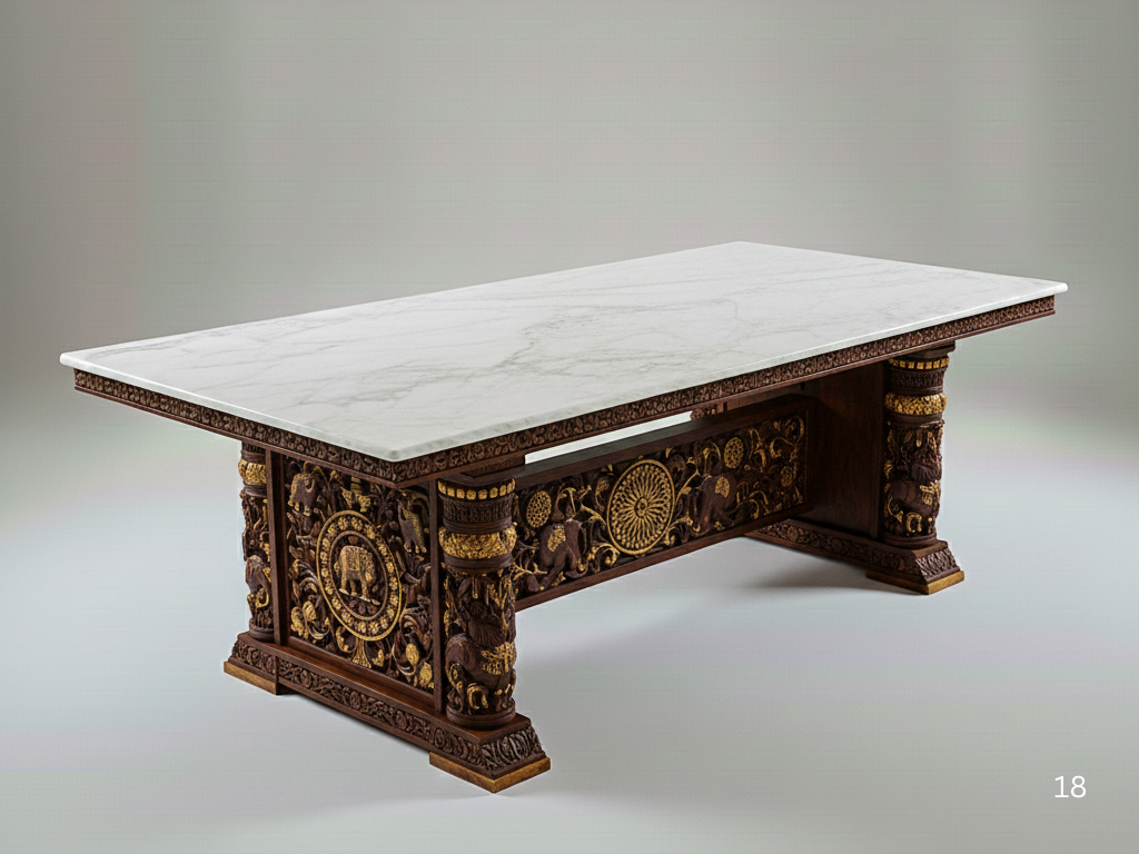 Custom dining table Hyderabad — marble top, hand-carved jali chairs, teal velvet, brass inlay. Built in Tolichowki by Cityline Furniture.