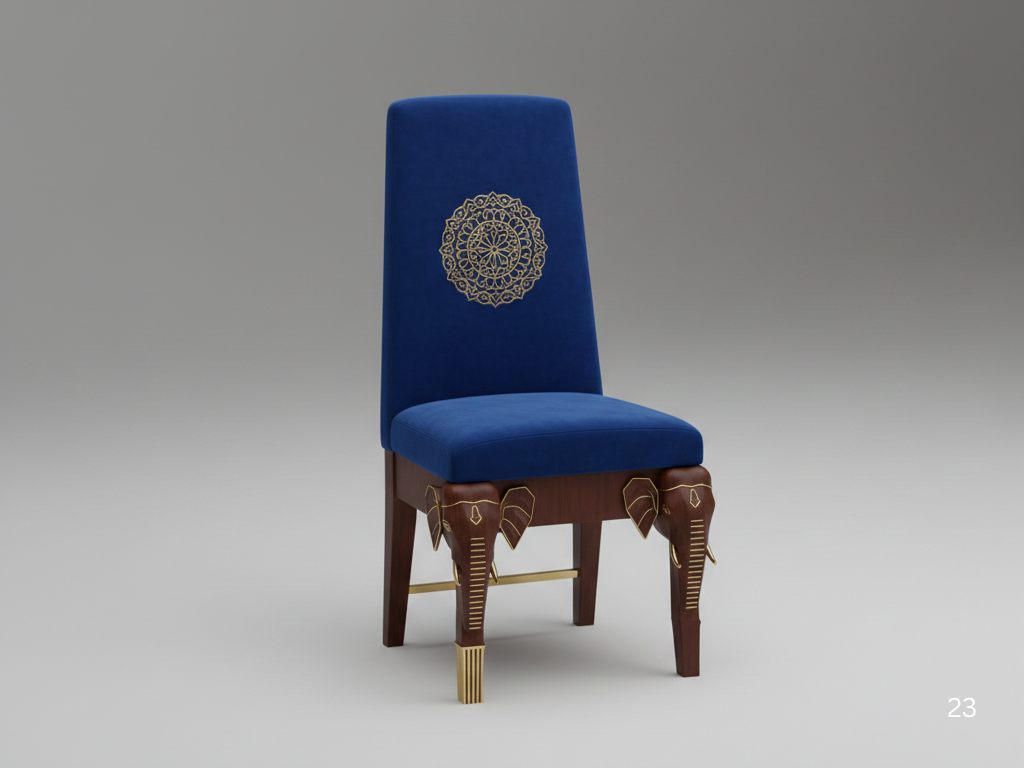 Custom dining chair with blue velvet and gold embroidery